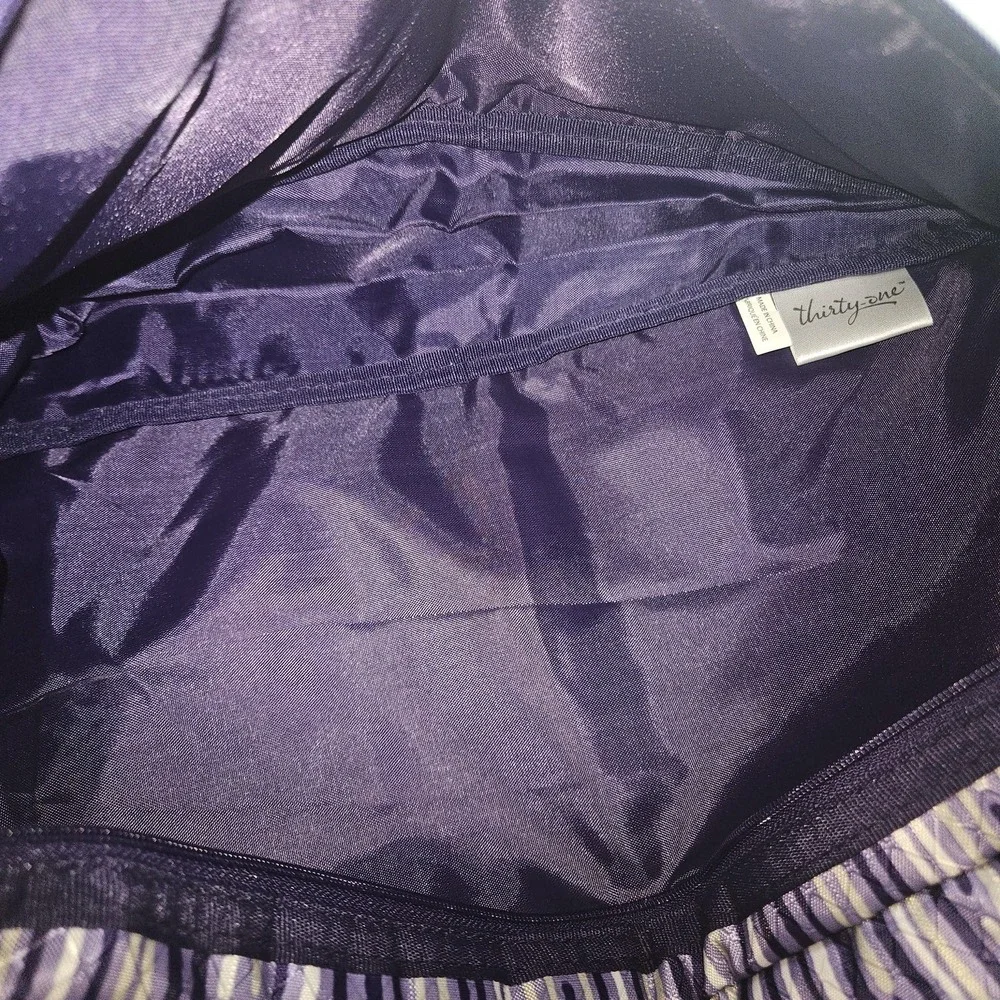 Thirty-One Sling Backpack‎ Bag Purple Stripe Crossbody Zip Pockets Travel